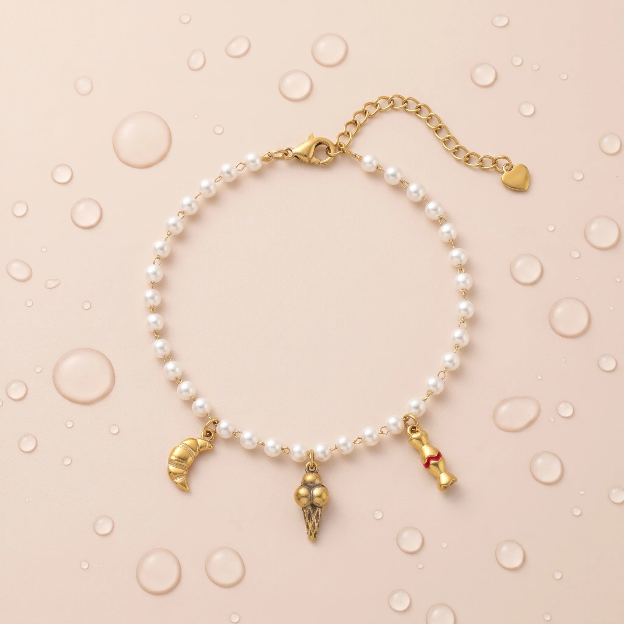 QIAOREN 13310 Pearl Beaded Anklet Gold Stainless Steel Ice-cream Candy Bread Charms Extender Dainty Summer Jewelry Gift