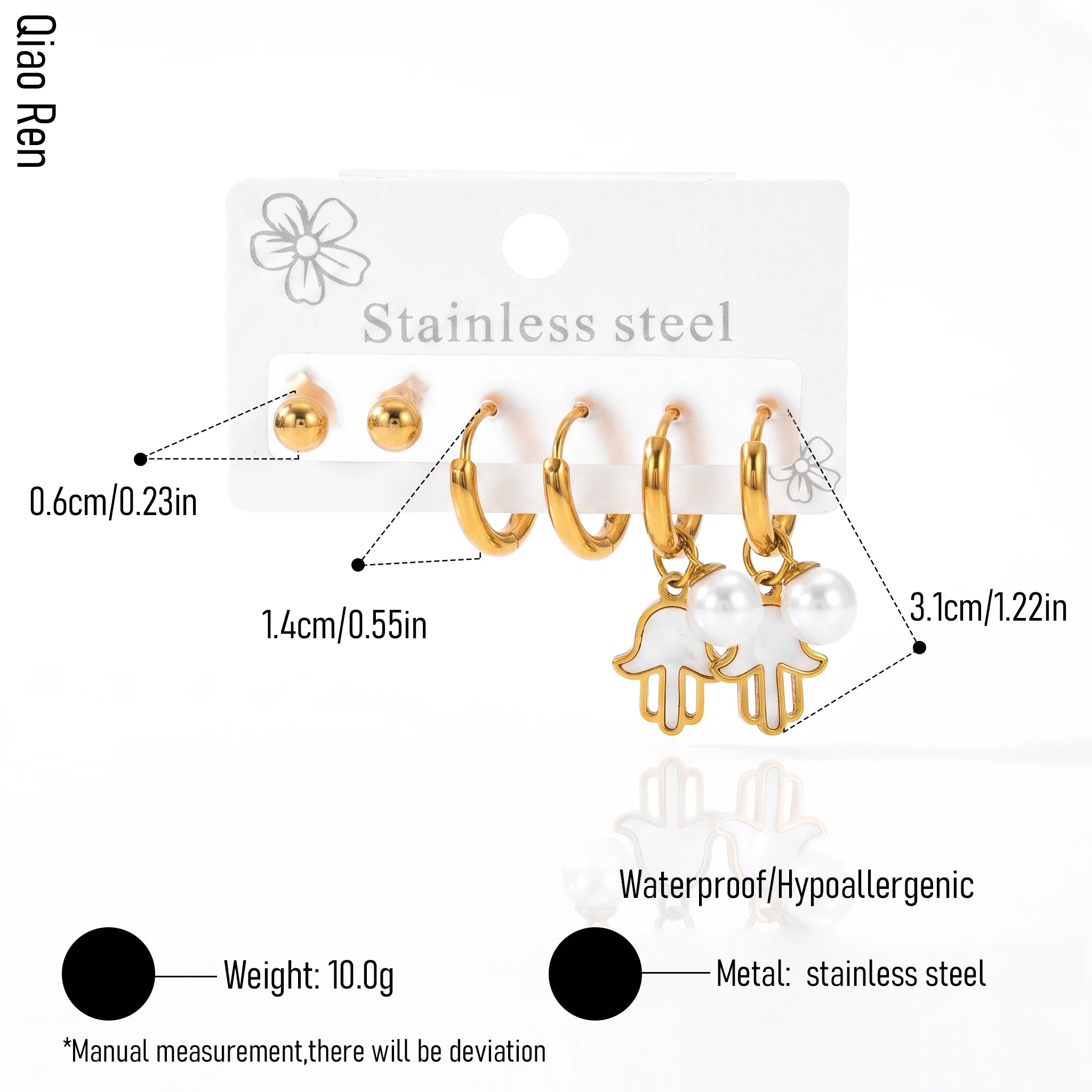 QIAOREN 14500 3 Pcs Stainless Steel Hamsa Hand Drop Earrings, Pearl Huggie Hoops, Ball Stud Earrings, Enamel Hand Charm Earrings