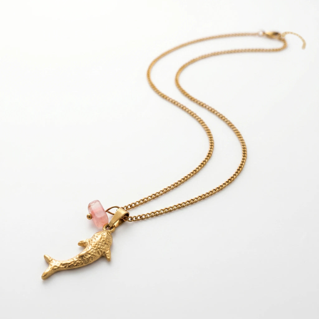QIAOREN Trendy Shark Pink Pendant Necklace Unisex 18K Gold Stainless Steel Link Chain Hypoallergenic Fashion Jewelry Wholesale