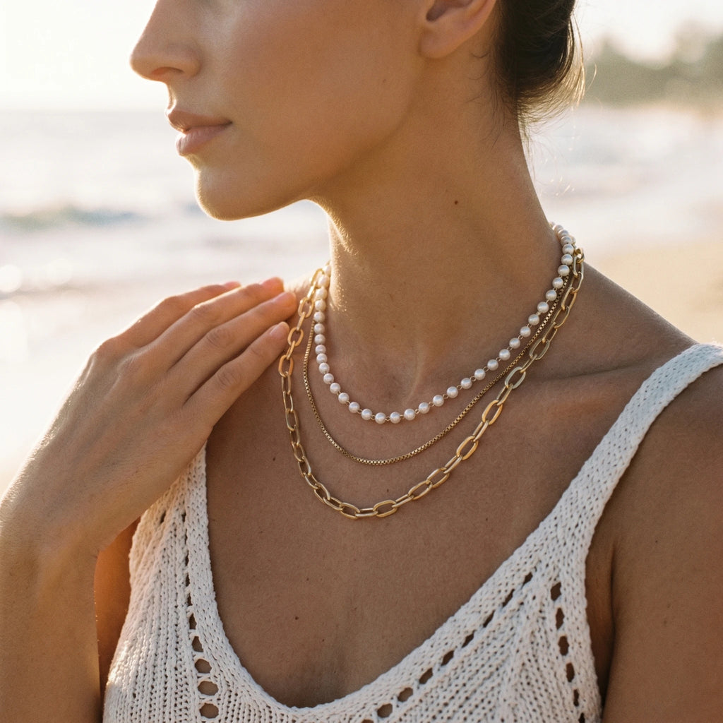 QIAOREN 11353 18K Gold Plated 3 Layered Pearl & Paperclip Chain Necklace Stainless Steel Tarnish Free