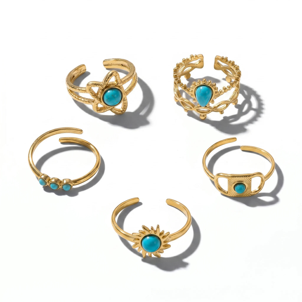 QIAOREN 5Pcs Gold Stainless Steel Turquoise Open Ring Set Irregular Hammered Crown Adjustable Boho Stackable Rings