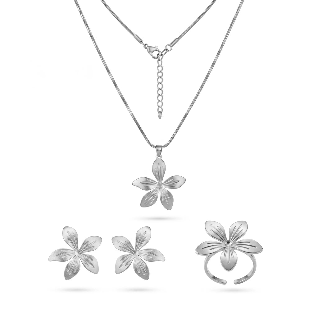 QIAOREN 11067 Luxury 18K Gold Plumed Flower Jewelry Set Stainless Steel Necklace Earrings Ring for Women Party