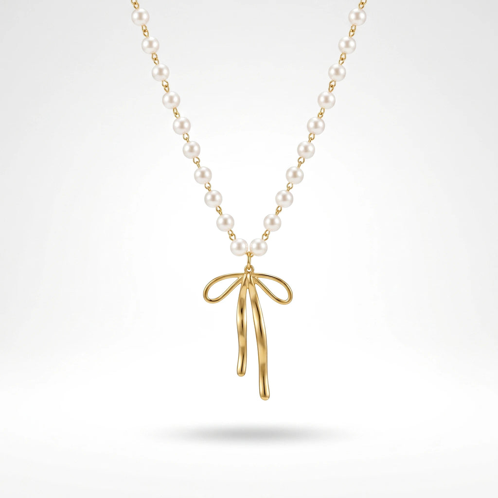 QIAOREN 11963 Wholesale 18K Gold Plated Stainless Steel Necklace Elegant Long Tail Bowknot Pendant Imitation Pearl