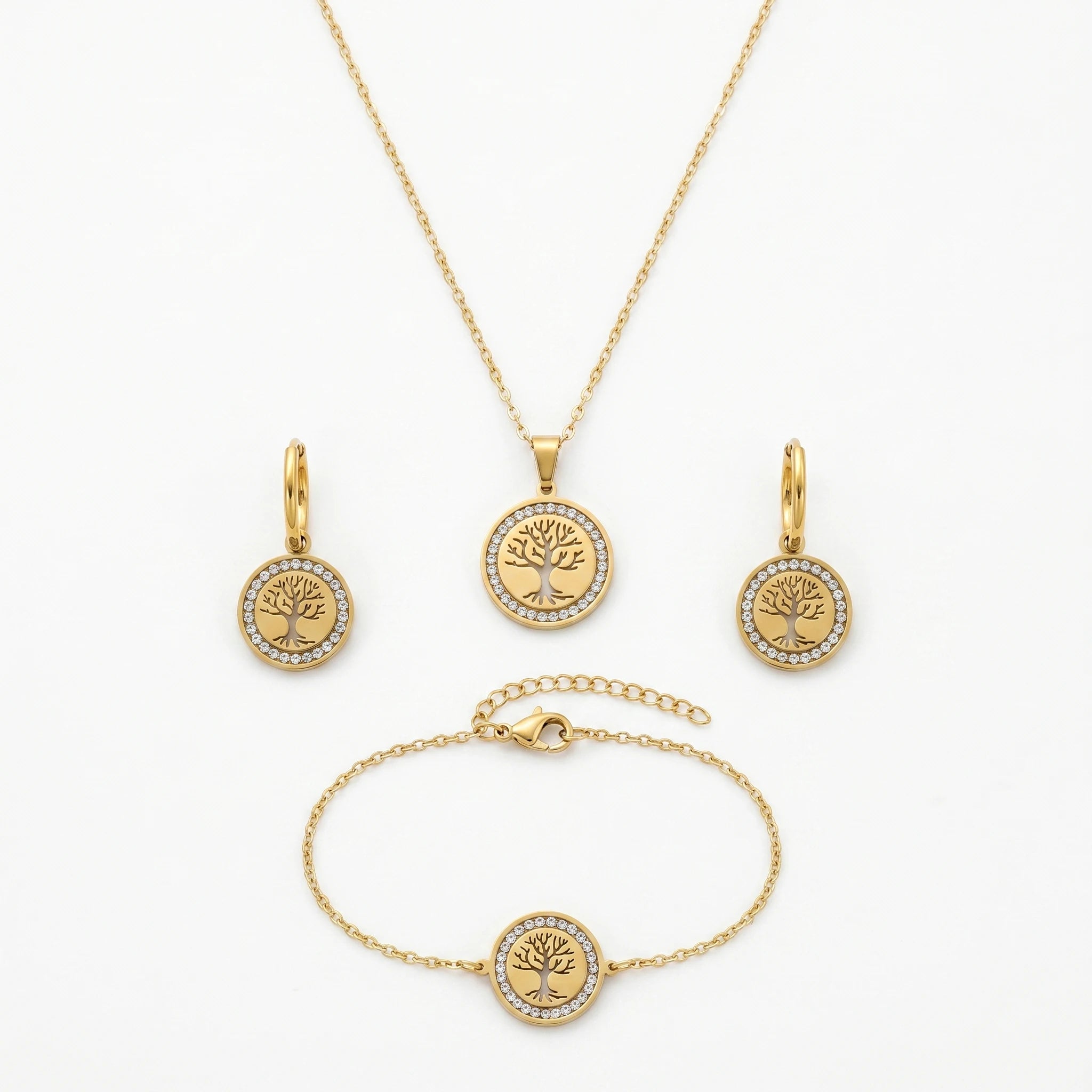 QIAOREN 11585 Waterproof 18K Gold Plated Stainless Steel Tree of Life Jewelry Set for Women Daily Wear 3 Piece