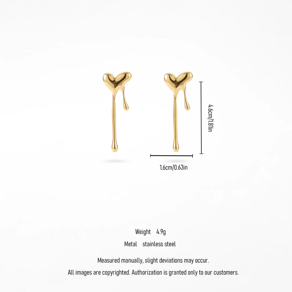 QIAOREN 13263 Gold Tone Liquid Melting Heart Drop Earrings Smooth Polished Long Drip Love Shape Dangle Studs Abstract Trendy