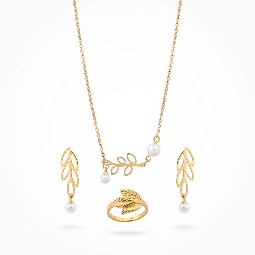 QIAOREN 10674 Elegant Hypoallergenic Gold Plated Stainless Steel Jewelry Set Pendant Necklace Dangle Earrings Ring Daily Wear