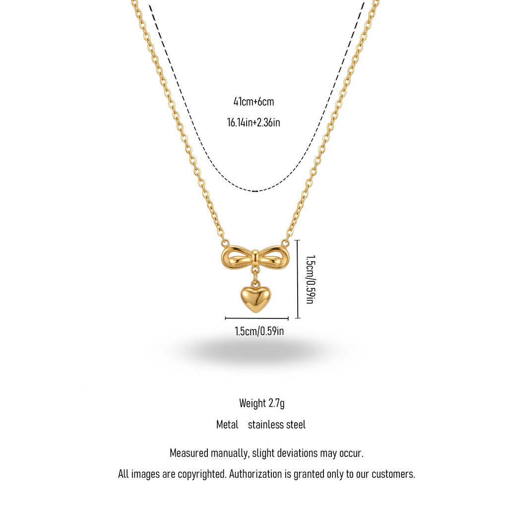 QIAOREN 13499 Coquette Style Bow Drop Heart Pendant Necklace, Dainty Thin Oval Cable Chain Gold Neck Jewelry Gift