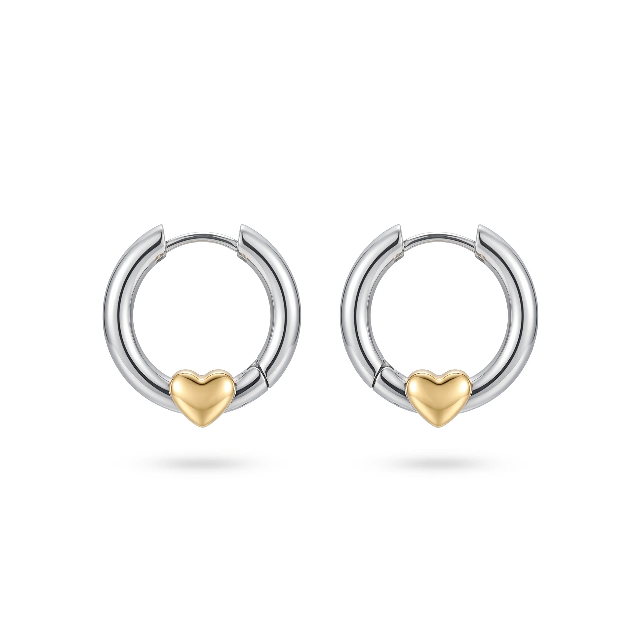 QIAOREN 12756 Hypoallergenic Silver Huggie Hoop Earrings With Gold Heart Charm Stainless Steel Contrast Ear Jewelry
