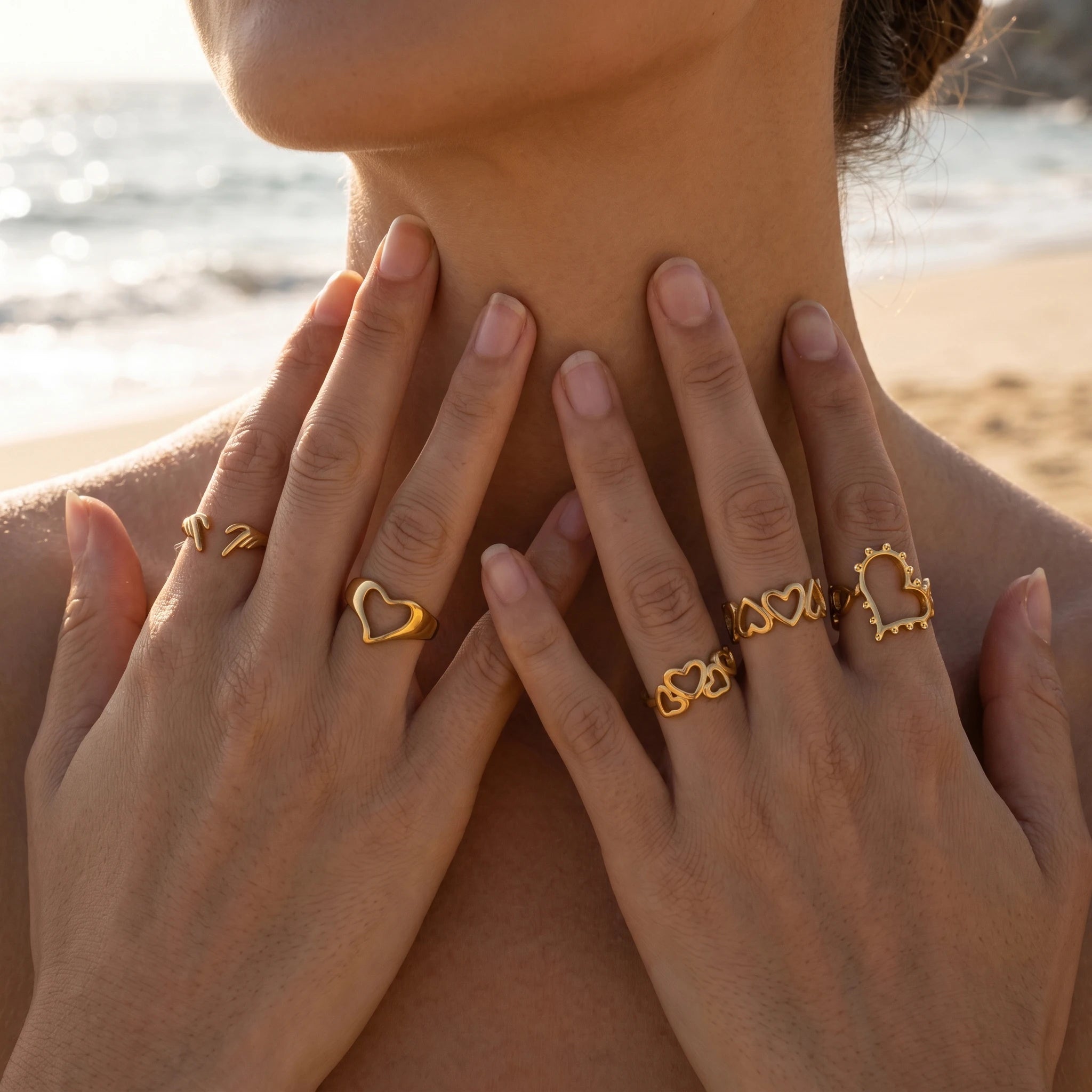 QIAOREN 13066-70 5Pcs 18K Gold Plated Stainless Steel Heart Open Ring Set, Adjustable Stackable Hollow Love Finger Rings