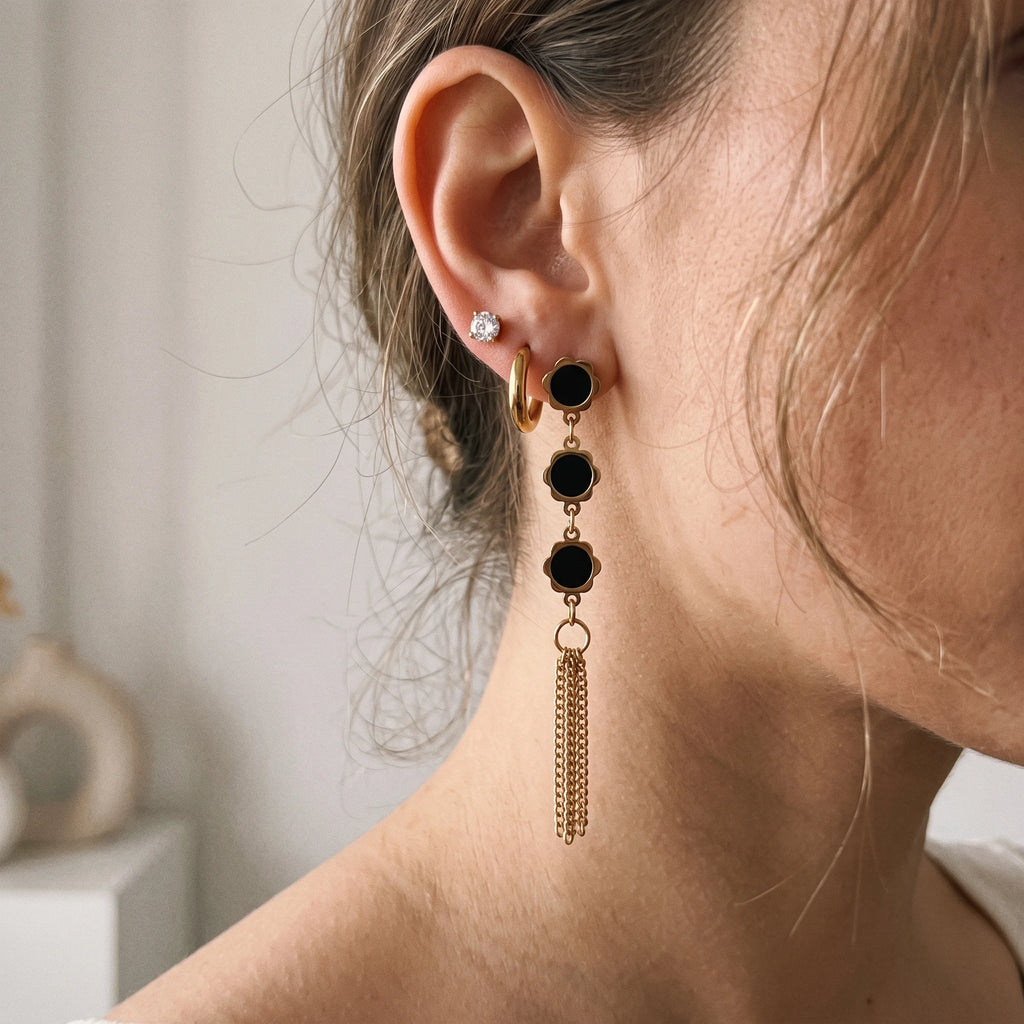 QIAOREN 14497 3 Pcs Stainless Steel Gold Cz Studs Black Flower Tassel Drop Earrings Multi Pack Fashion Jewelry Gift