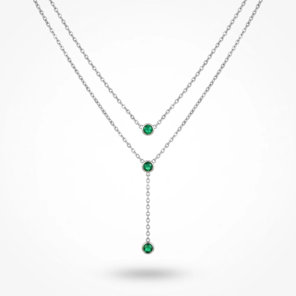 QIAOREN 11673 Dainty Green CZ Lariat Necklace 18K Gold Stainless Steel Double Layered Choker for Women