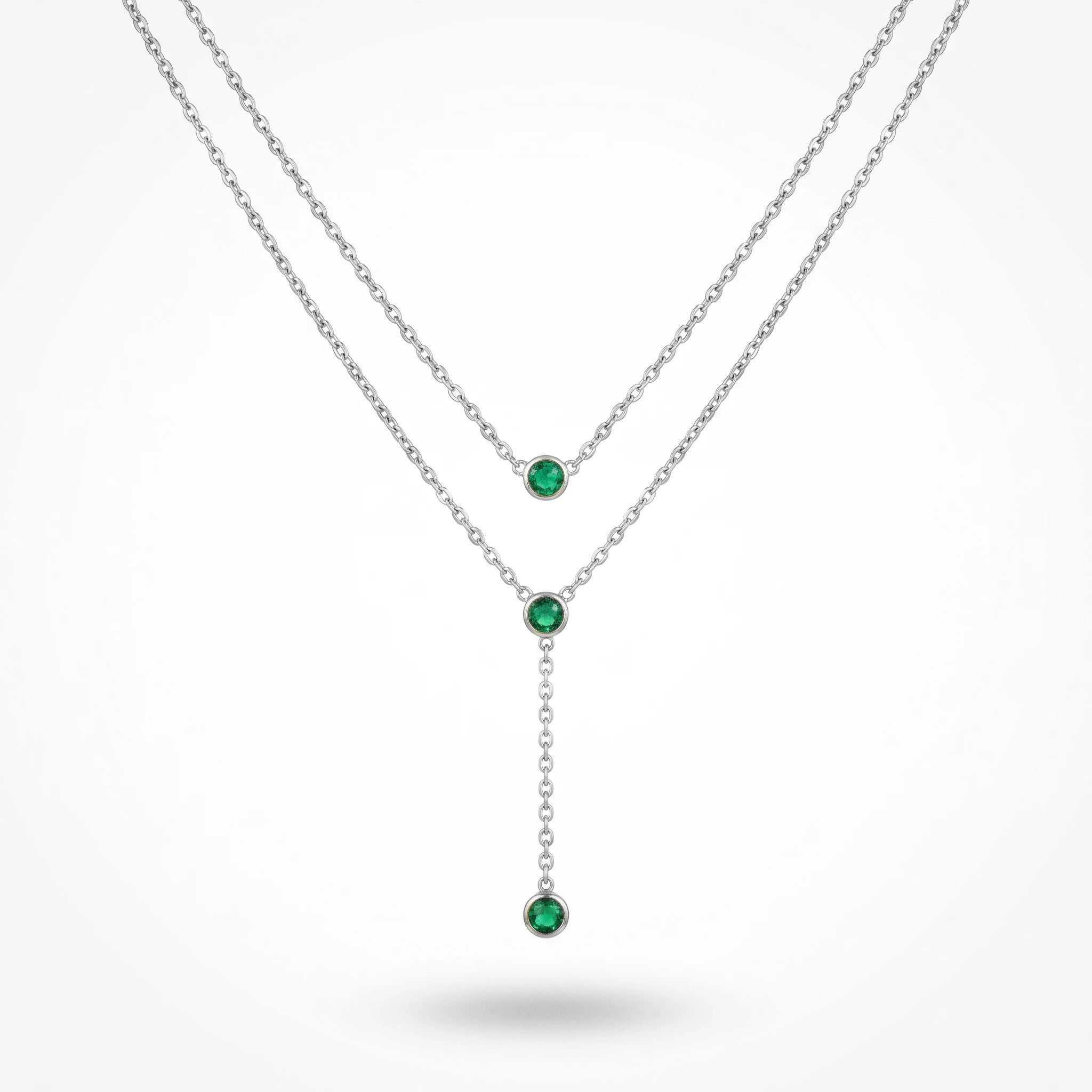 QIAOREN 11673 Dainty Green CZ Lariat Necklace 18K Gold Stainless Steel Double Layered Choker for Women