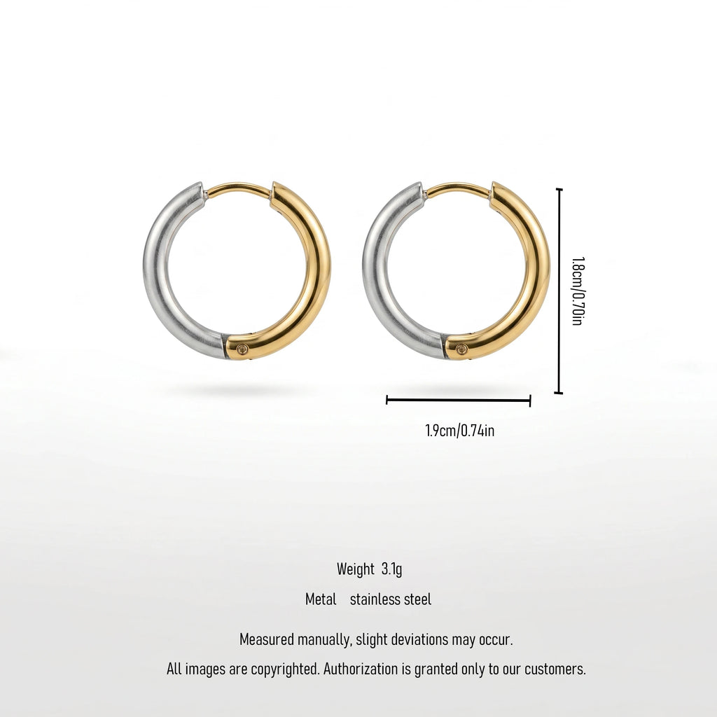 QIAOREN 12757 Trend Two Tone Split Circle Earrings Stainless Steel Silver Gold Chunky Huggie Hoop Stack Accessory