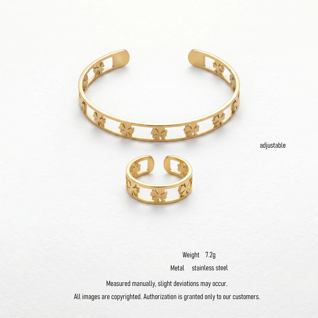 QIAOREN 10915 18K Gold Plated Clover Cuff Bracelet & Ring Set Trendy Stainless Steel Hypoallergenic Waterproof Jewelry for Women
