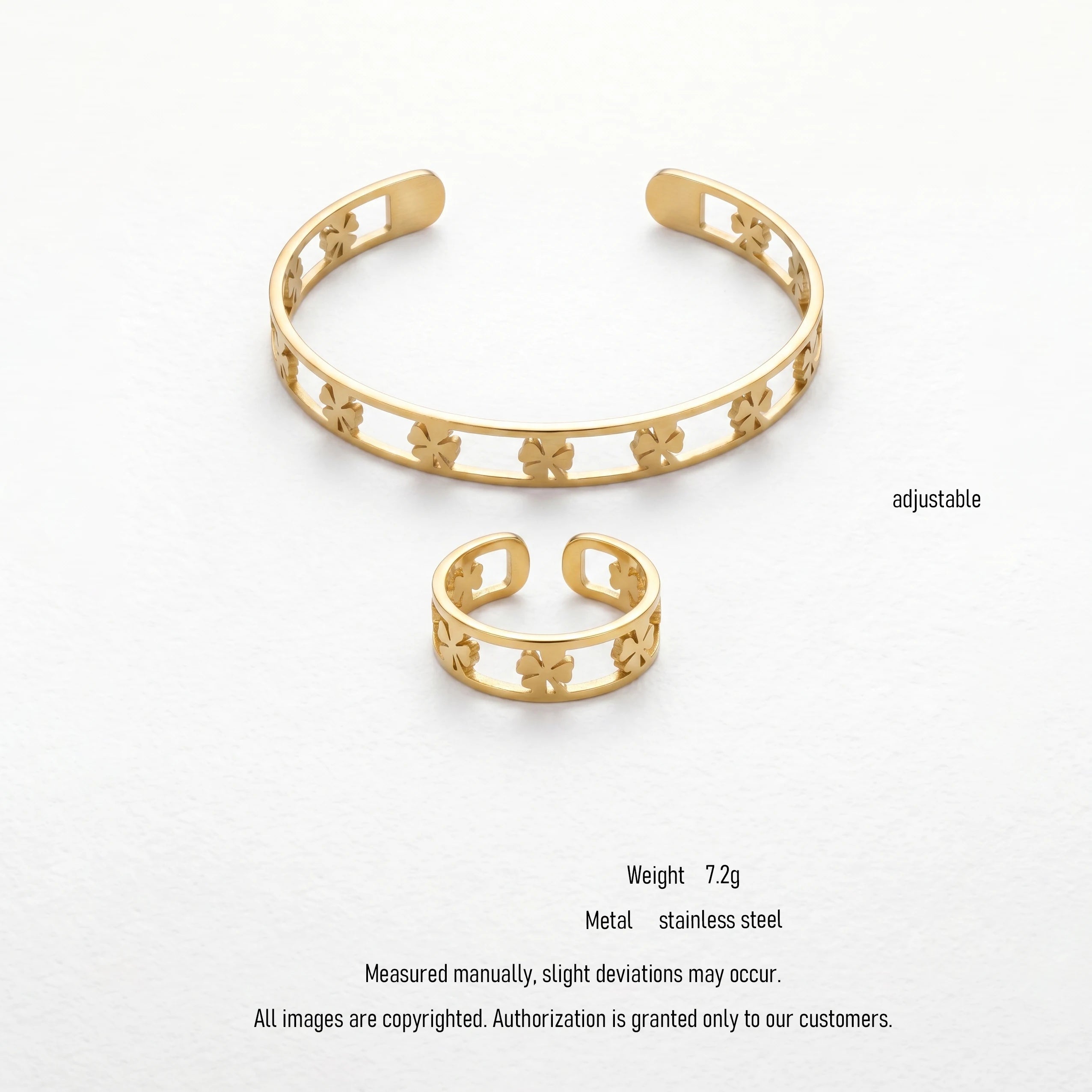 QIAOREN 10915 18K Gold Plated Clover Cuff Bracelet & Ring Set Trendy Stainless Steel Hypoallergenic Waterproof Jewelry for Women