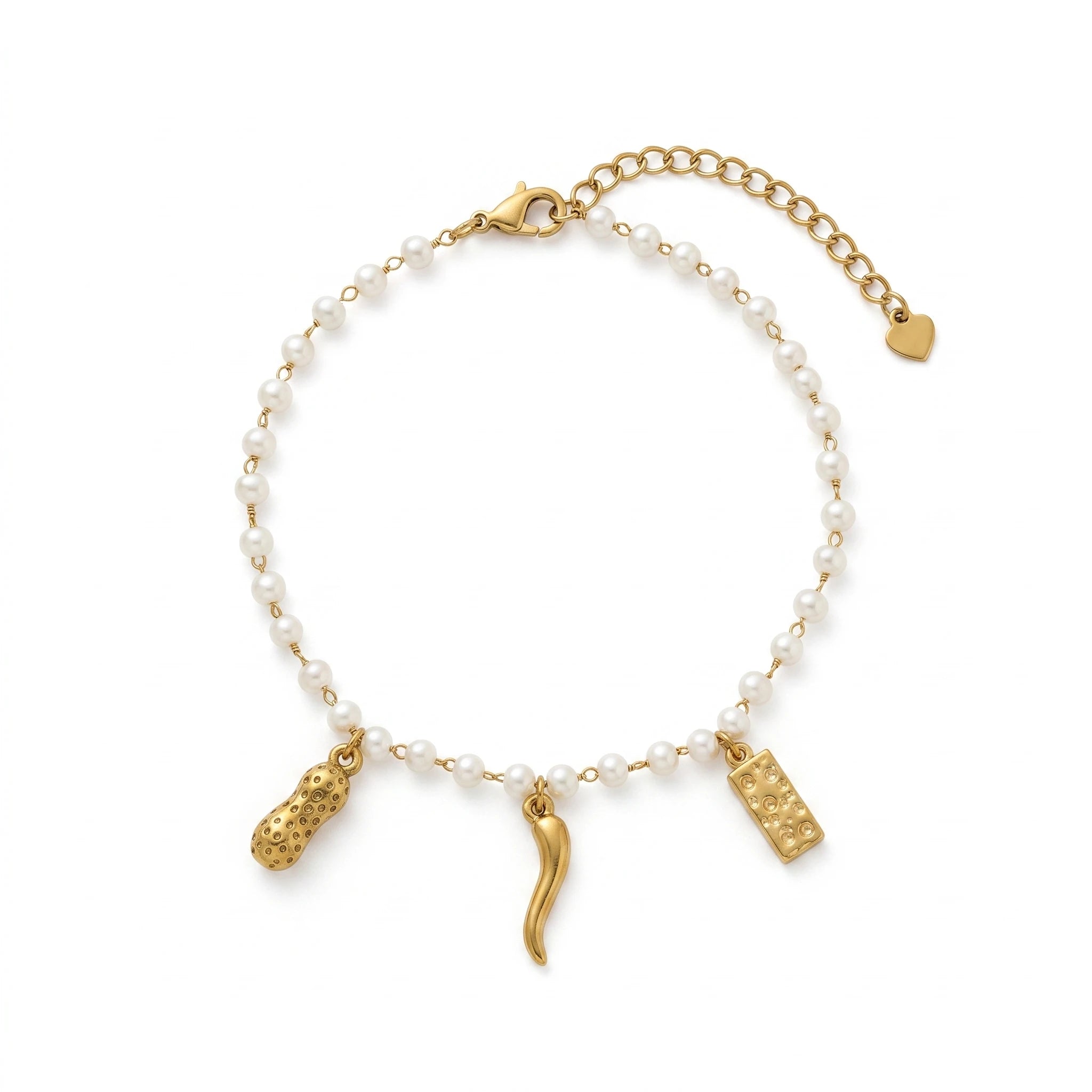 QIAOREN 13313 Fortune Themed Faux Pearl Anklet Gold Peanut Chili Gold Bar Charms Adjustable Jewelry