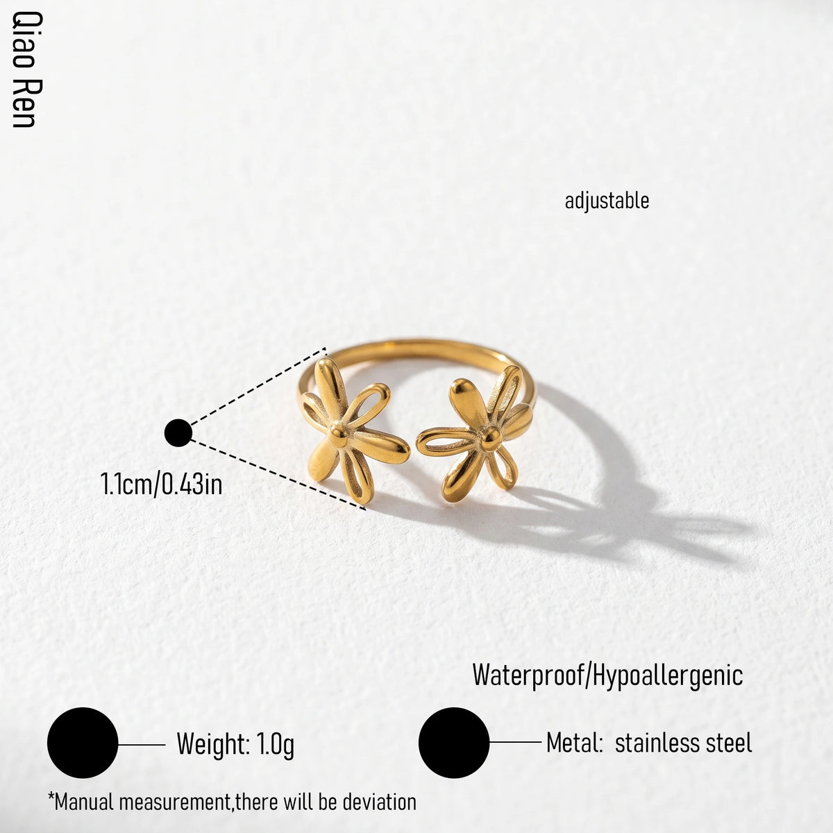 QIAOREN 14207-20 Abstract Flower Open Ring Set, Irregular Textured Adjustable Stackable Ring Jewelry Gift for Daily Outfits