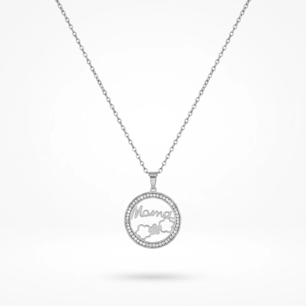 QIAOREN 12235 Trendy CZ Pave Mama Necklace Gold Stainless Steel Circle Mother's Day Gift Flower Pendant Jewelry for Women US EU