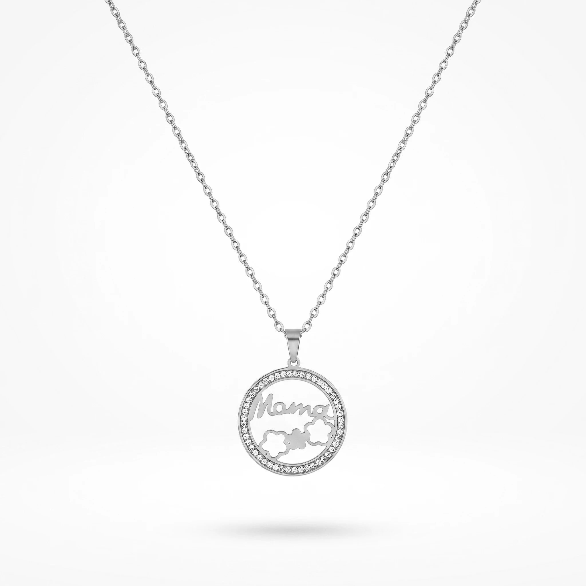 QIAOREN 12235 Trendy CZ Pave Mama Necklace Gold Stainless Steel Circle Mother's Day Gift Flower Pendant Jewelry for Women US EU