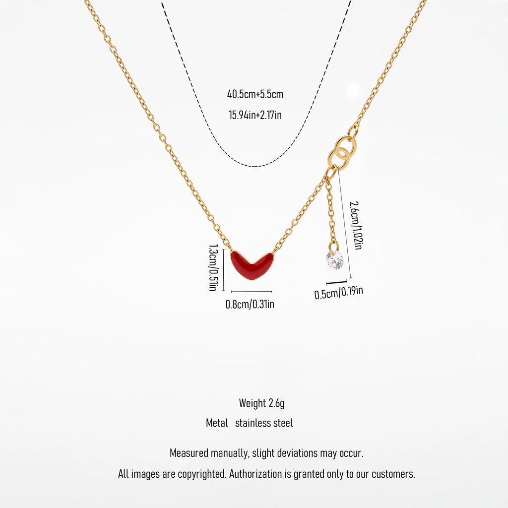 QIAOREN 13810 Thin Oval Link Chain Red Enamel Heart Pendant Necklace with Interlocking Double Circle & Zircon Drop