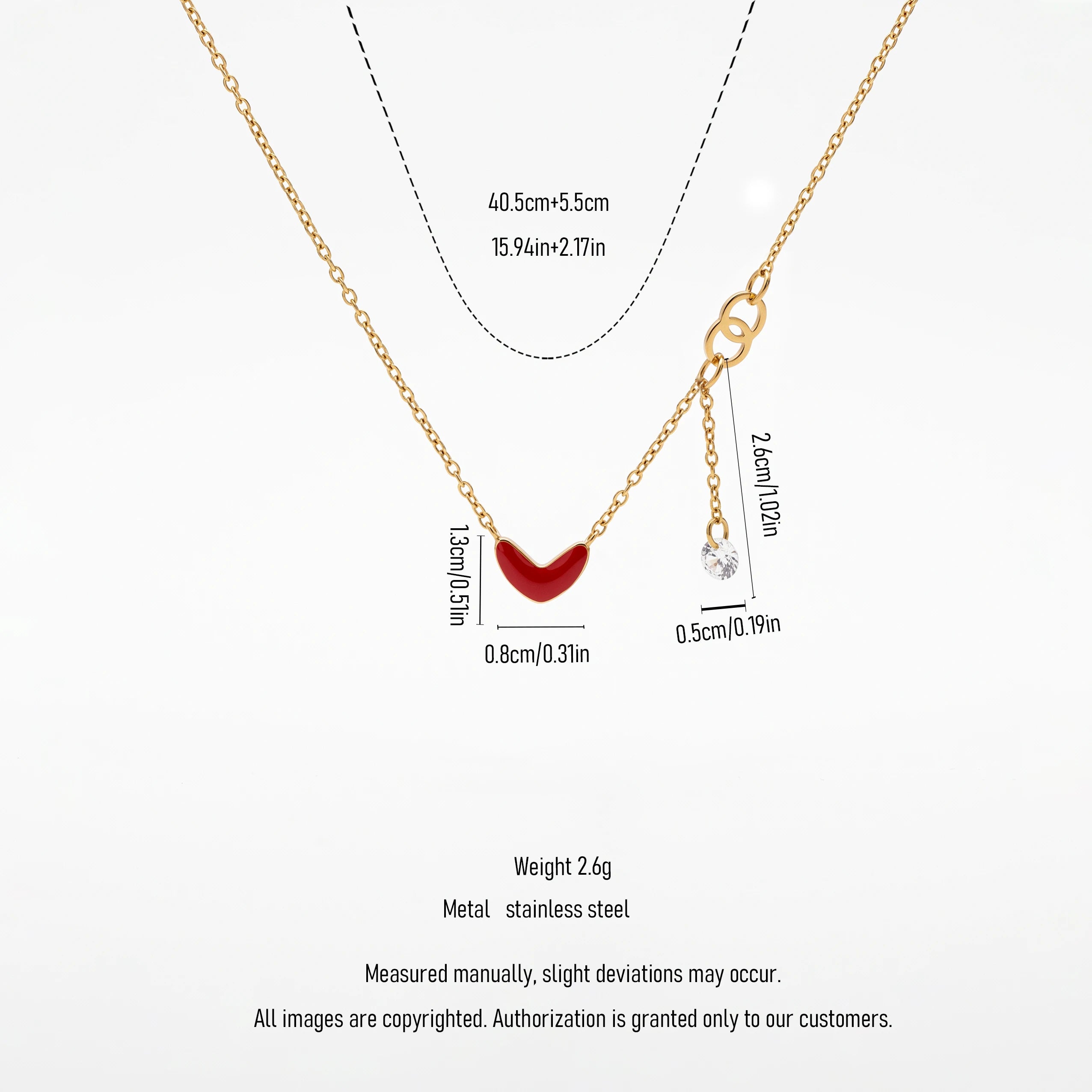 QIAOREN 13810 Thin Oval Link Chain Red Enamel Heart Pendant Necklace with Interlocking Double Circle & Zircon Drop