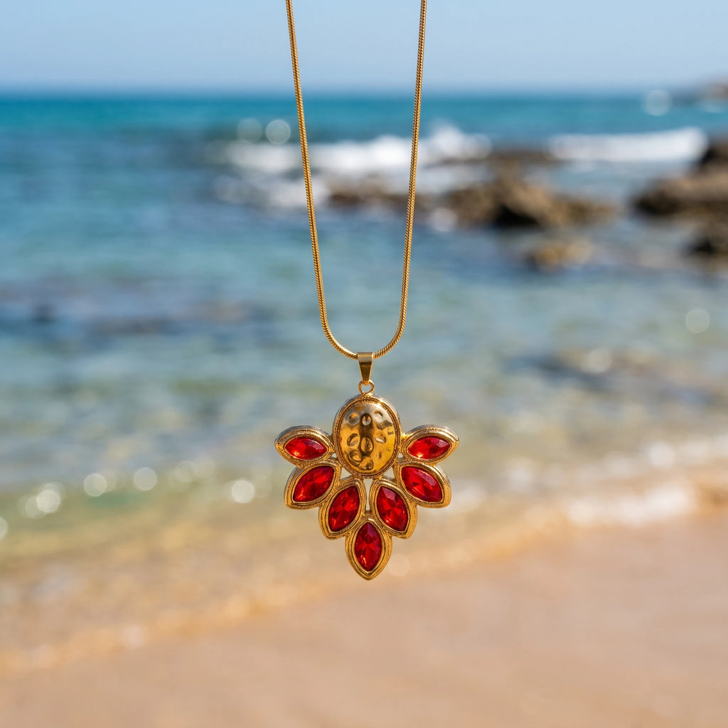 QIAOREN 14387 Vintage Ornate Red Marquise Crystal Pendant Snake Chain Necklace, Stainless Steel Statement Jewelry Gift