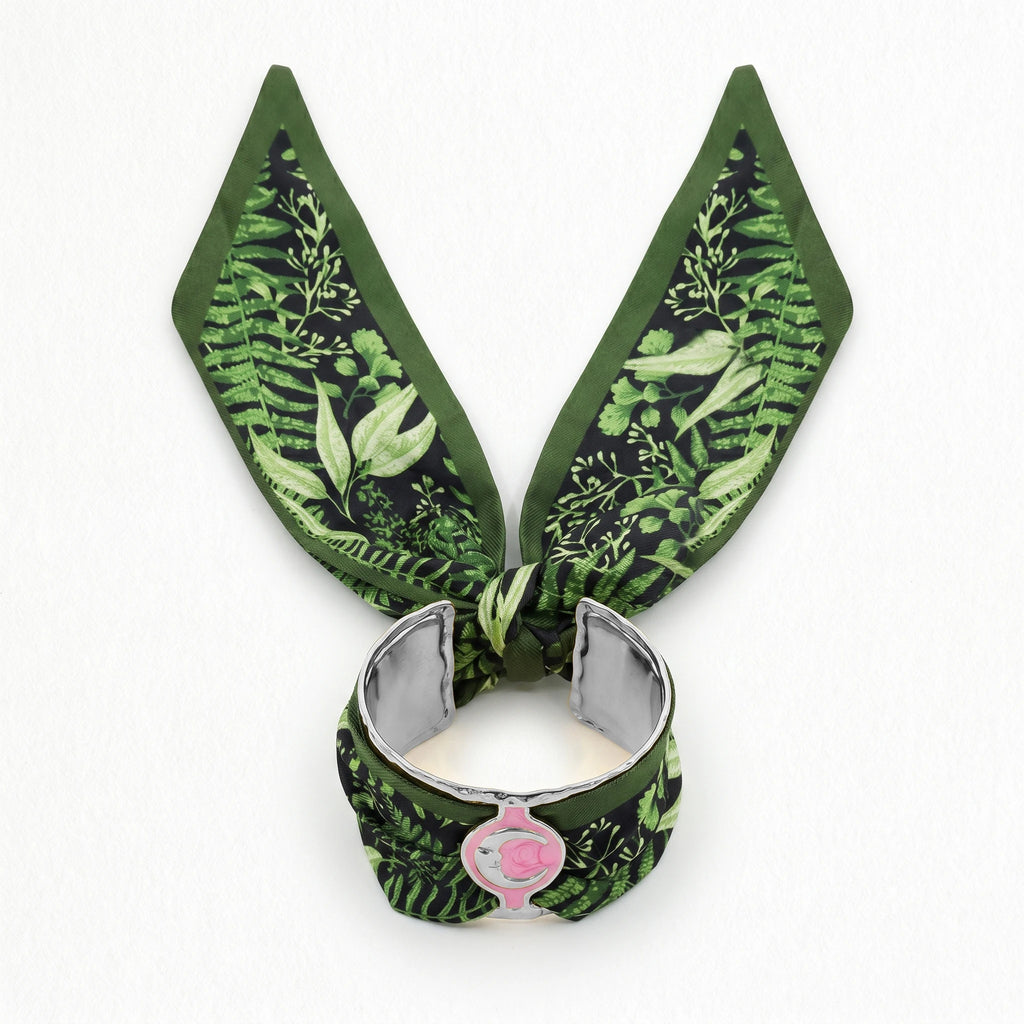 QIAOREN 11005 Tropical Leaf Print Scarf Bracelet Gold Stainless Steel Adjustable Cuff Beach Vacation Jewelry for Women