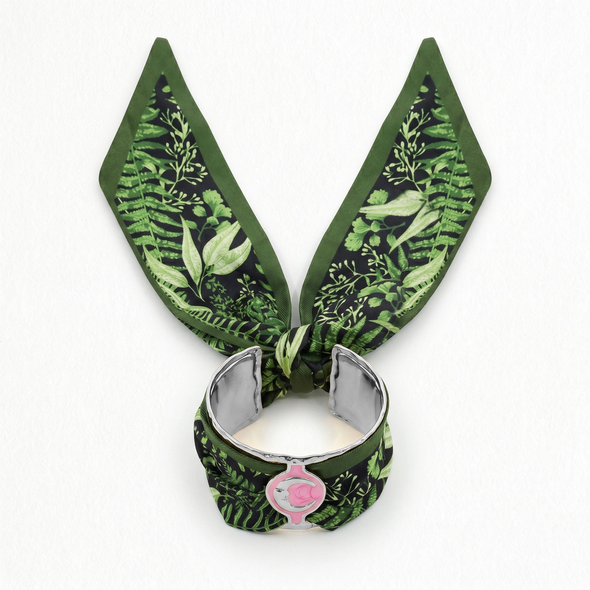 QIAOREN 11005 Tropical Leaf Print Scarf Bracelet Gold Stainless Steel Adjustable Cuff Beach Vacation Jewelry for Women