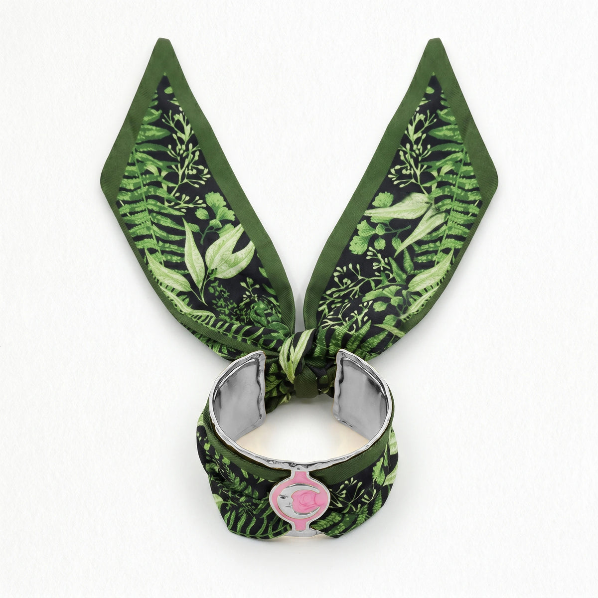 QIAOREN 11005 Tropical Leaf Print Scarf Bracelet Gold Stainless Steel Adjustable Cuff Beach Vacation Jewelry for Women