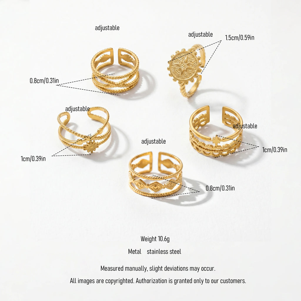 QIAOREN 13081-85 Stainless Steel Adjustable Boho Open Ring Set Compass Star Stackable Finger Rings for Women