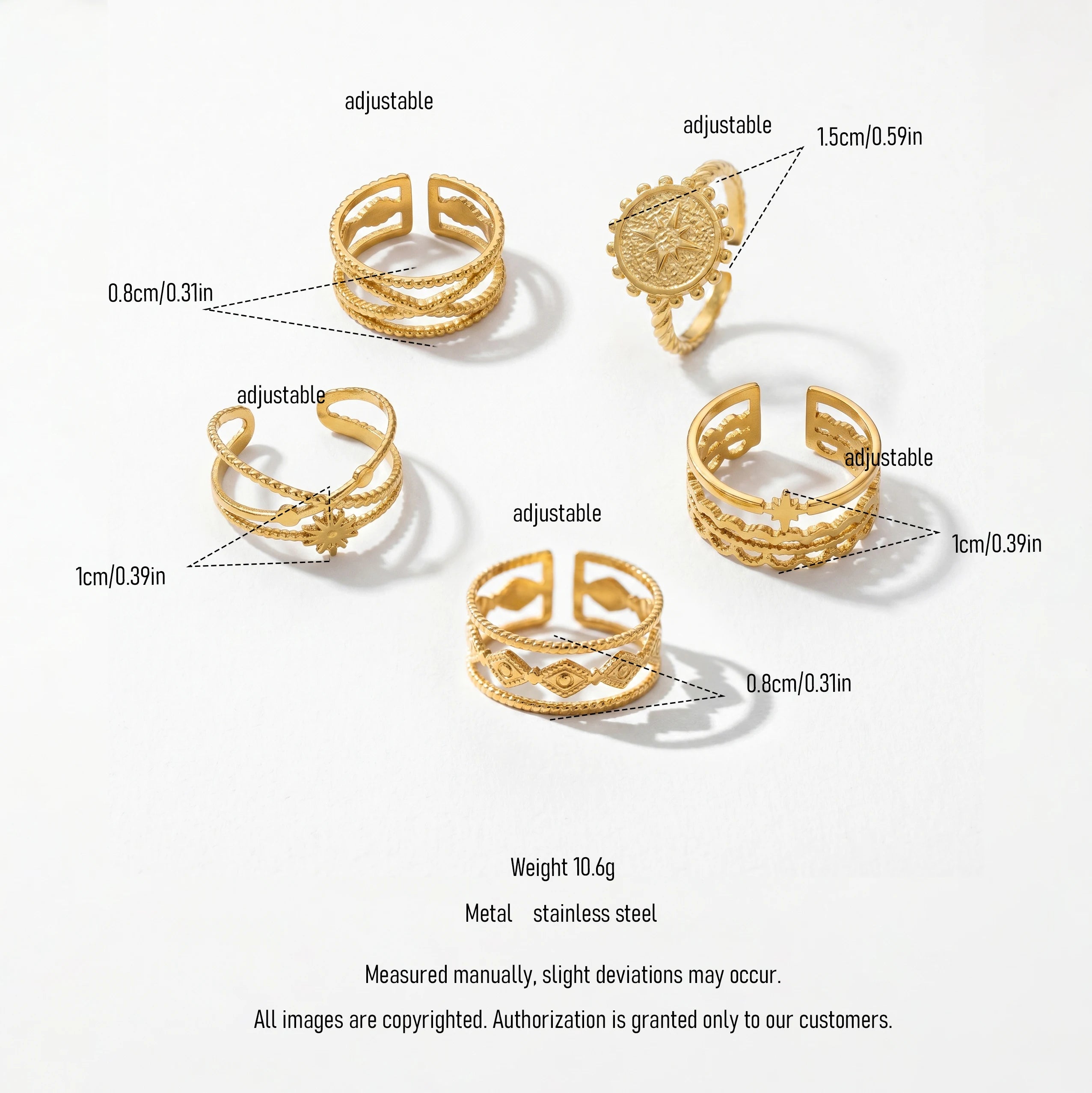 QIAOREN 13081-85 Stainless Steel Adjustable Boho Open Ring Set Compass Star Stackable Finger Rings for Women