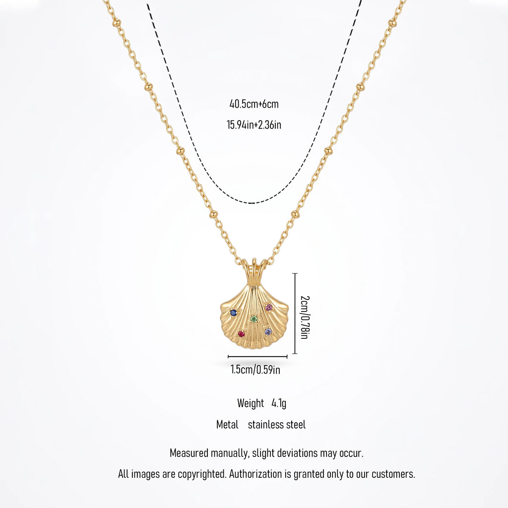 QIAOREN 13550 Stainless Steel Seashell Pendant Necklace Gold Colorful CZ Shell Charm Beach Jewelry Summer Necklace for Women