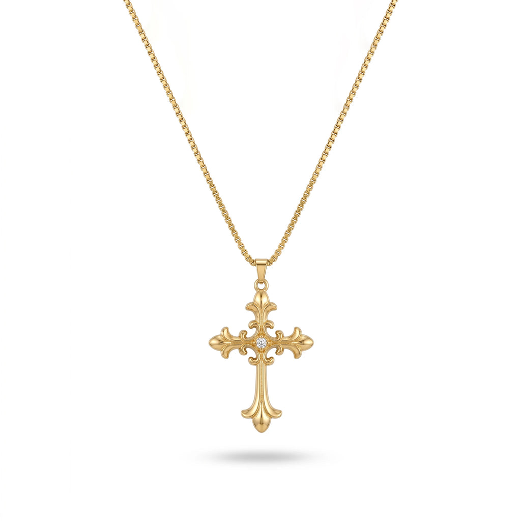 QIAOREN 13157 Gold Plated Vintage Cross Pendant Necklace Stainless Steel Gothic Christian CZ Necklace for Women Men