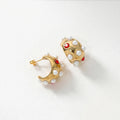 QIAOREN 12436Vintage Geometric 18K Gold Plated Stainless Steel Stud Earrings Red Starburst Chunky Hoops Women