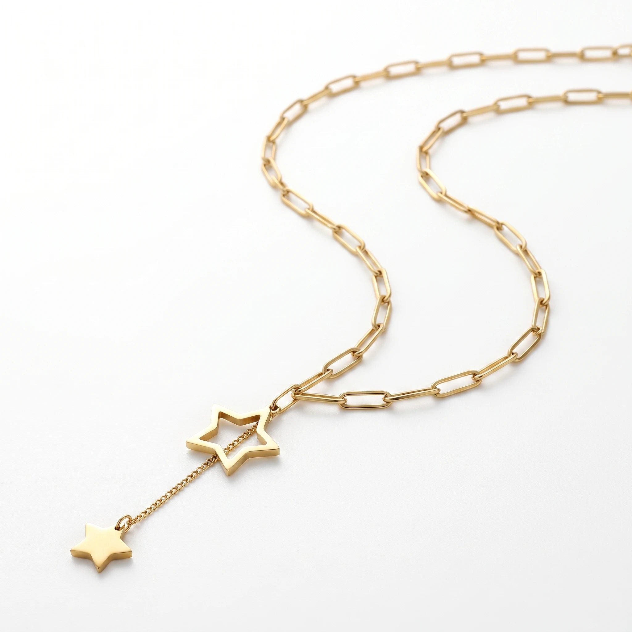 QIAOREN 13930 Paperclip Link Chain Lariat Y Drop Necklace with Hollow Open Star & Solid Flat Star Pendant