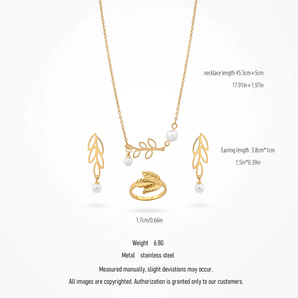 QIAOREN 10674 Elegant Hypoallergenic Gold Plated Stainless Steel Jewelry Set Pendant Necklace Dangle Earrings Ring Daily Wear