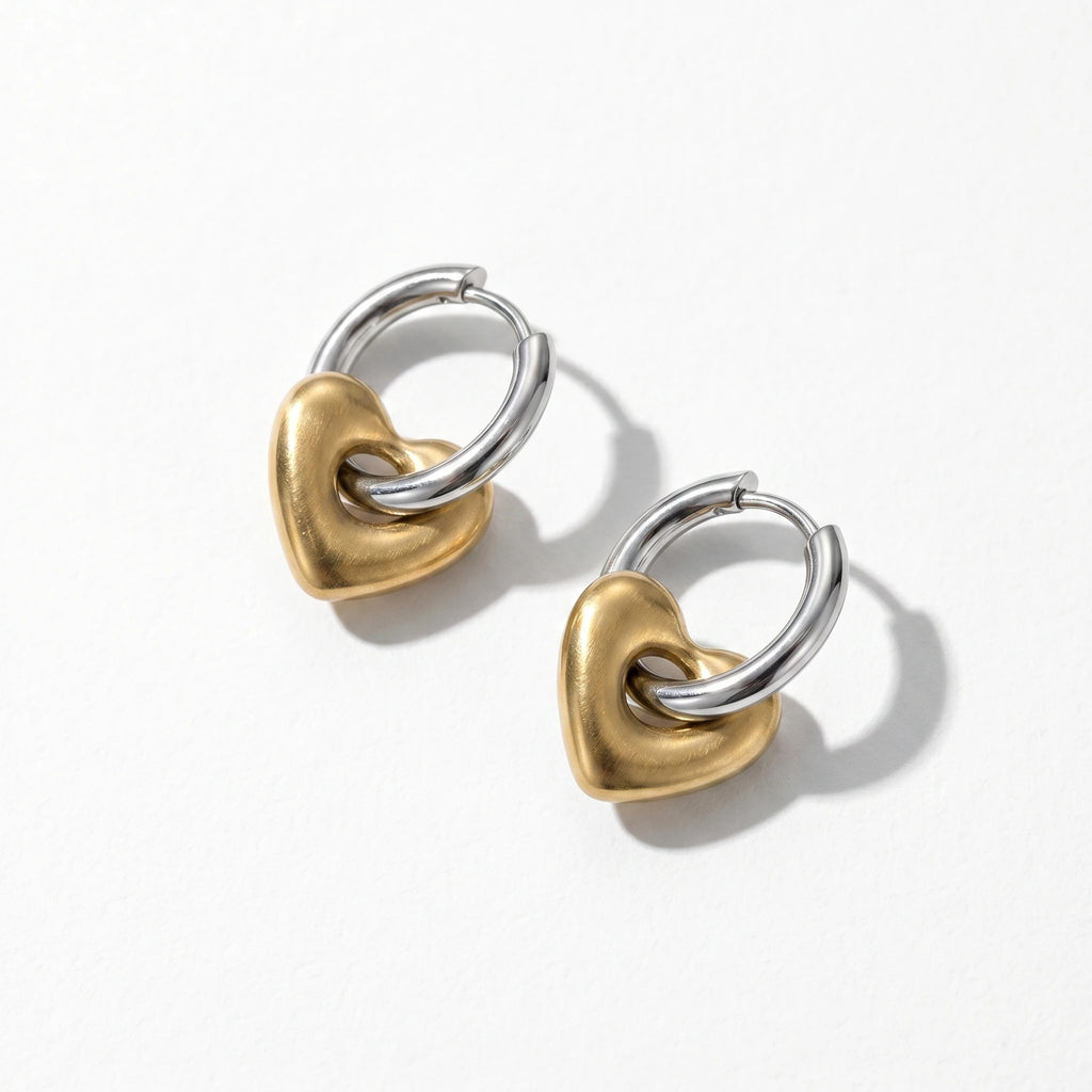QIAOREN 11204 Two Tone Heart Hoop Earrings Stainless Steel Gold Silver Linked Hoop Earrings Trendy Minimalist Jewelry Women