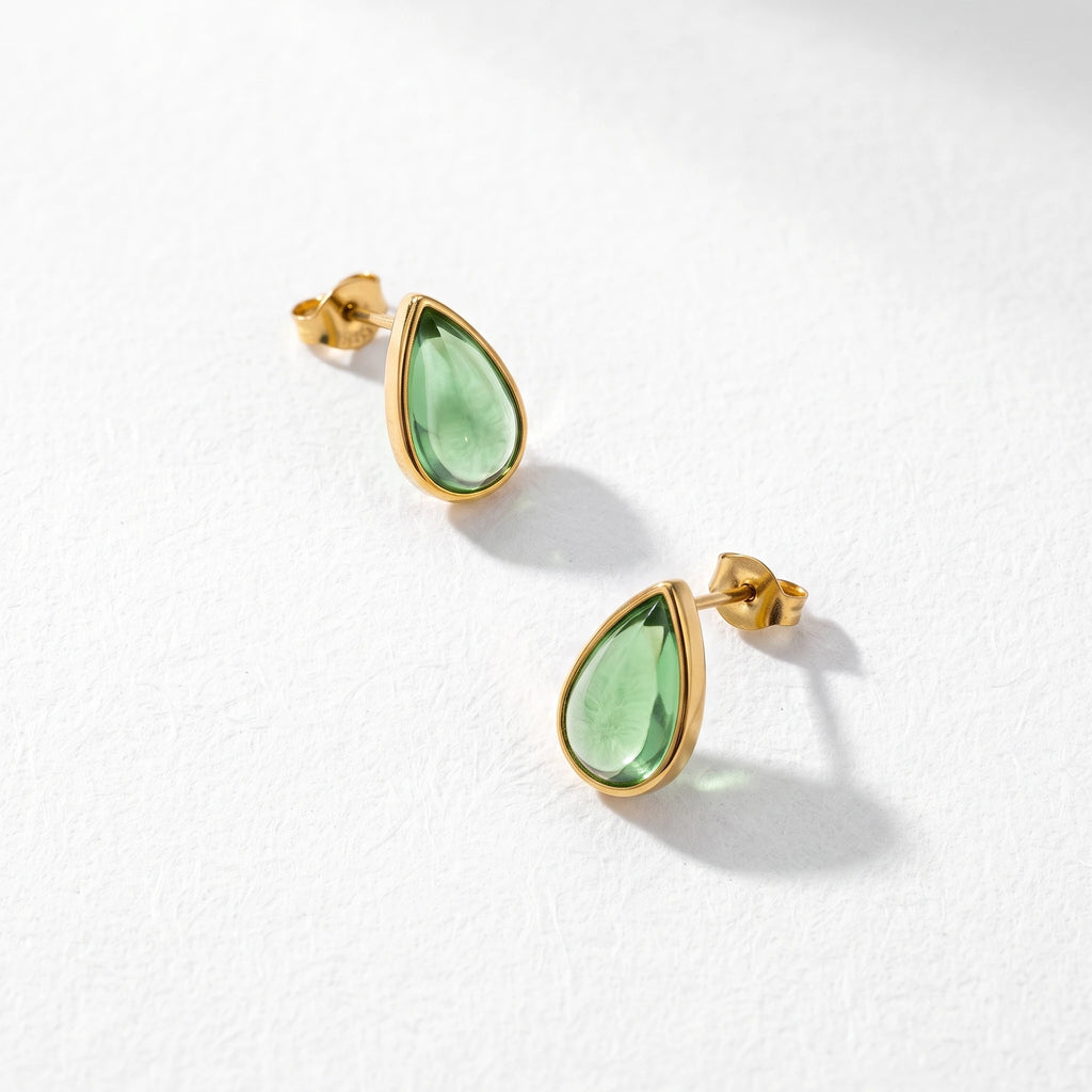 QIAOREN 13669 Solid Teardrop Gloss Green Resin Stud Earrings, Bezel Set Smooth Cabochon Gem Polished Gold Frame Piercing Jewelry