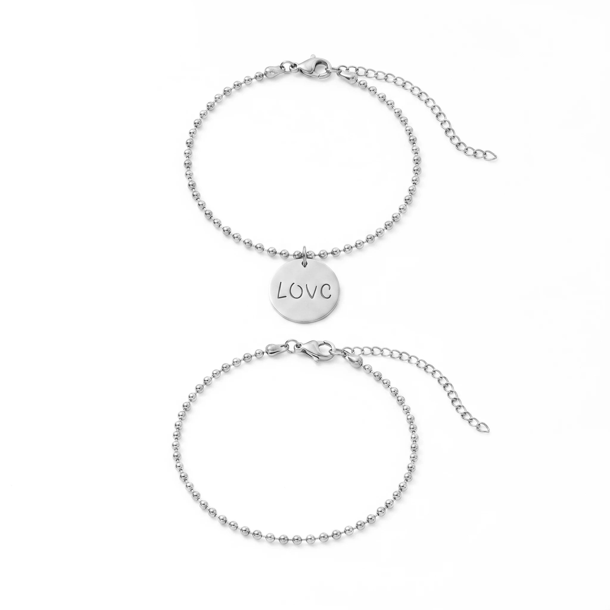 QIAOREN 11882 Waterproof Engraved LOVE Disc Bead Bracelet Set 18K Gold Stainless Steel 2Pcs Stackable Beach Vacation Jewelry