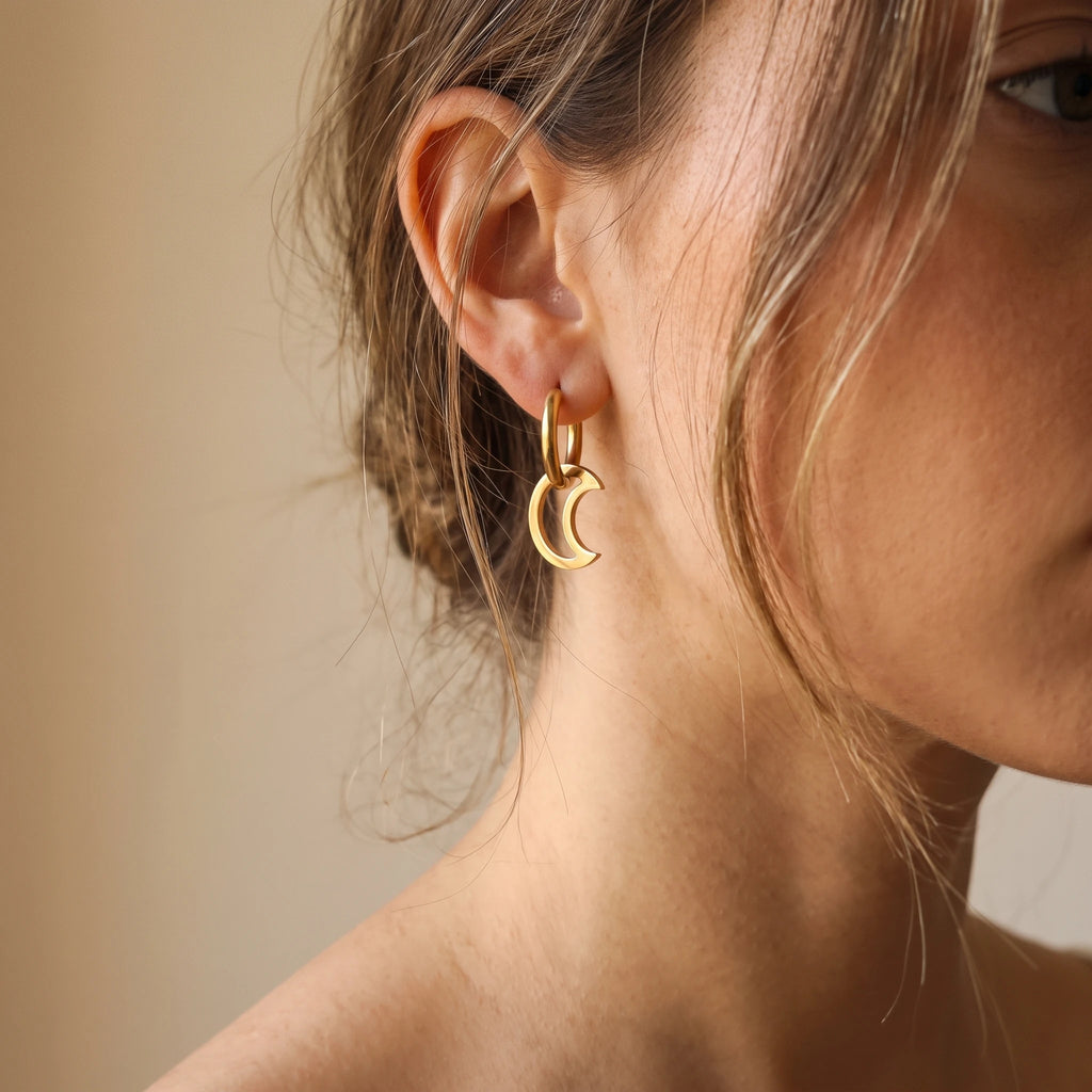 QIAOREN 14422 Open Hollow Crescent Moon Charm Earrings, Stainless Steel Small Hoop Earrings Jewelry Gift