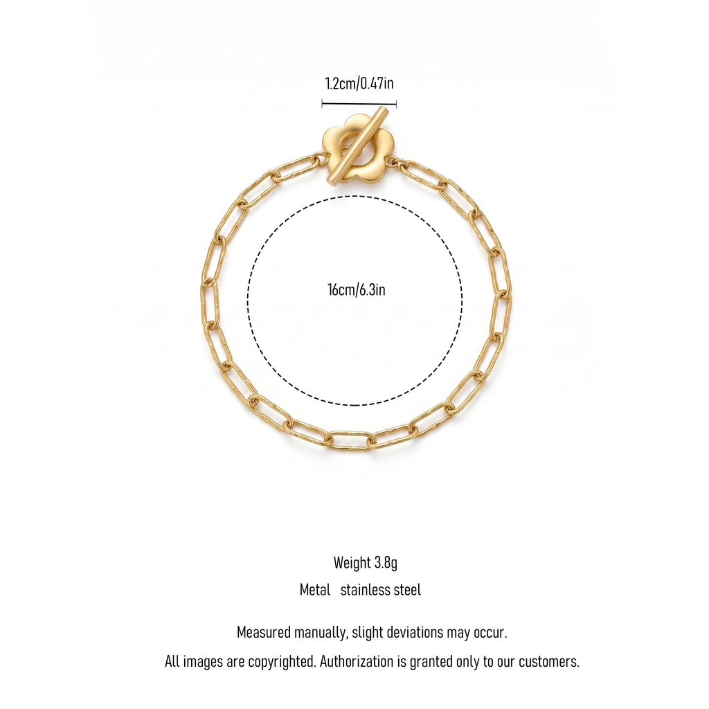 QIAOREN 13971 Stainless Steel Paperclip Chain Bracelet Gold Flower Toggle Clasp Minimalist Charm Bracelet for Women