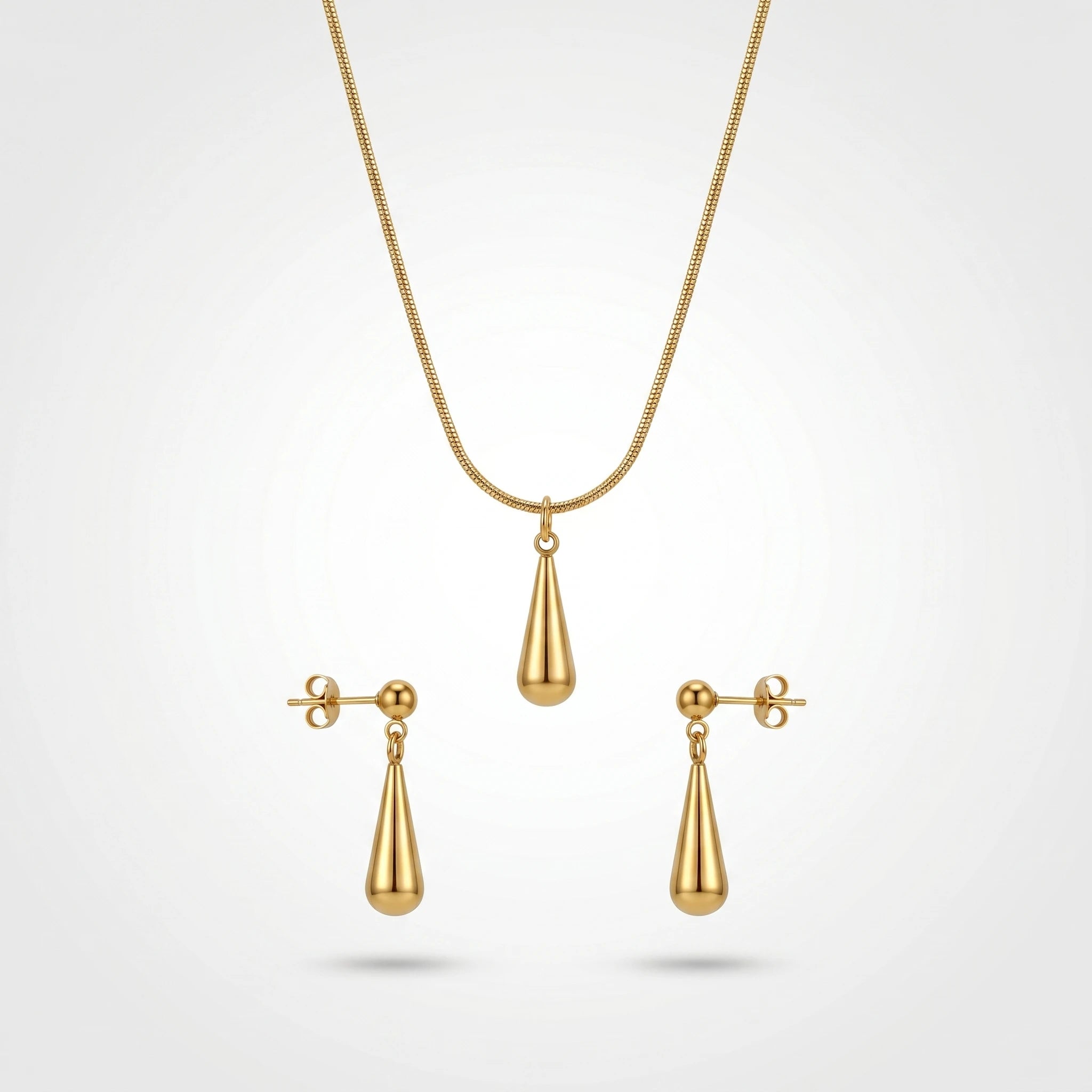 QIAOREN 10606 Women's Teardrop Pendant Necklace Earring Set 18K Gold Plated Stainless Steel Waterproof Tarnish Free Jewelry