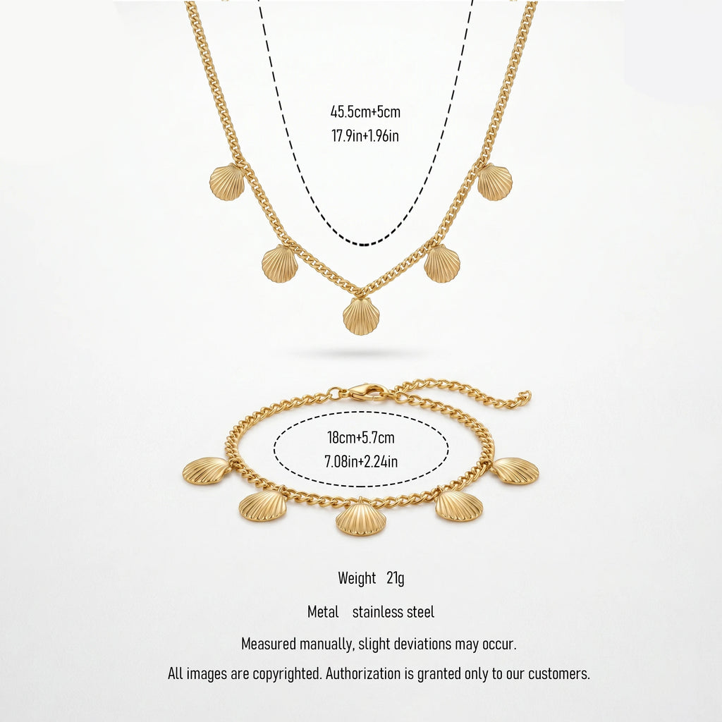 QIAOREN 11932 Trendy Scallop Shell Necklace Bracelet Set Stainless Steel Gold Curb Chain Summer Beach Jewelry for Women US EU