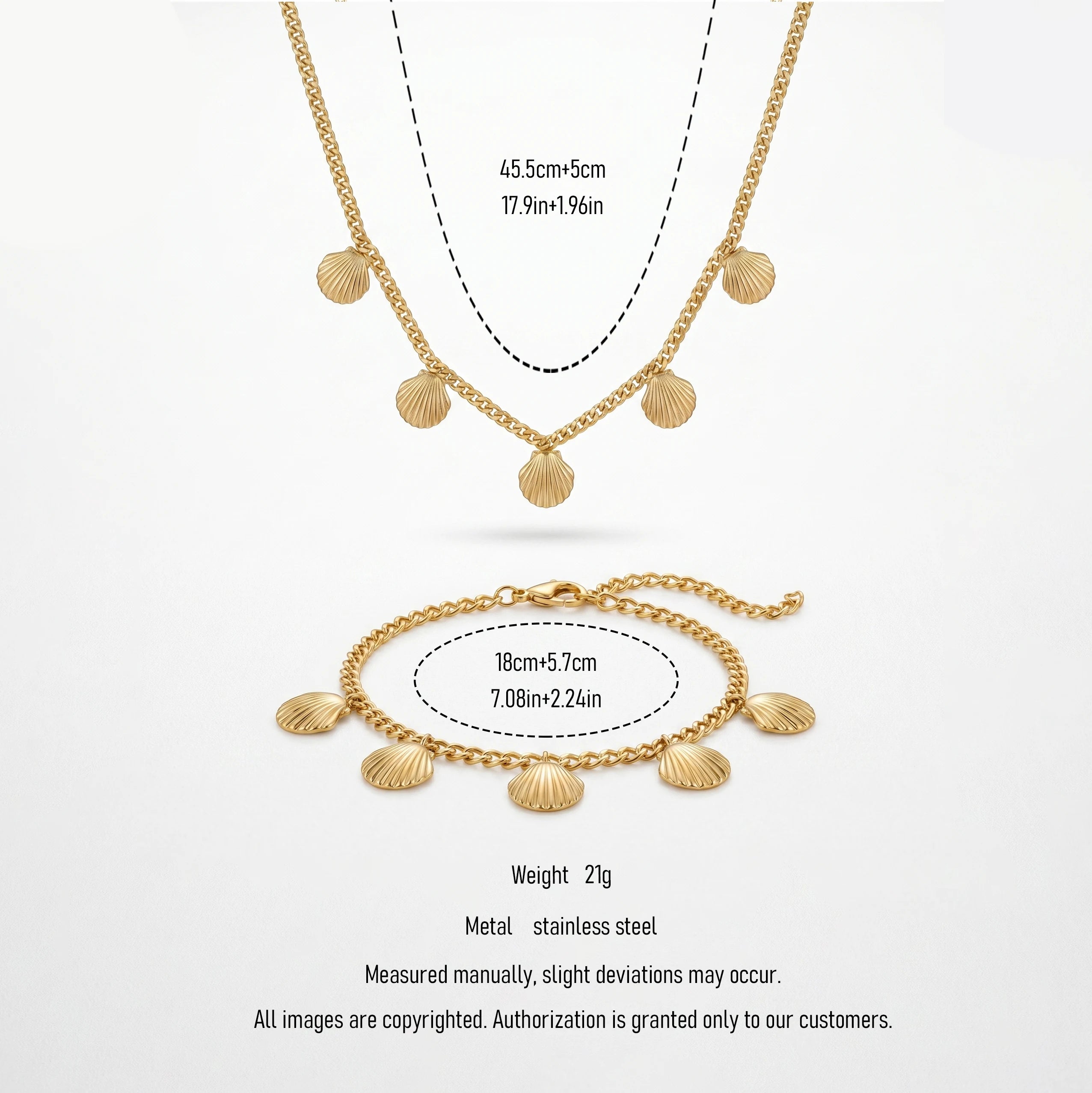 QIAOREN 11932 Trendy Scallop Shell Necklace Bracelet Set Stainless Steel Gold Curb Chain Summer Beach Jewelry for Women US EU
