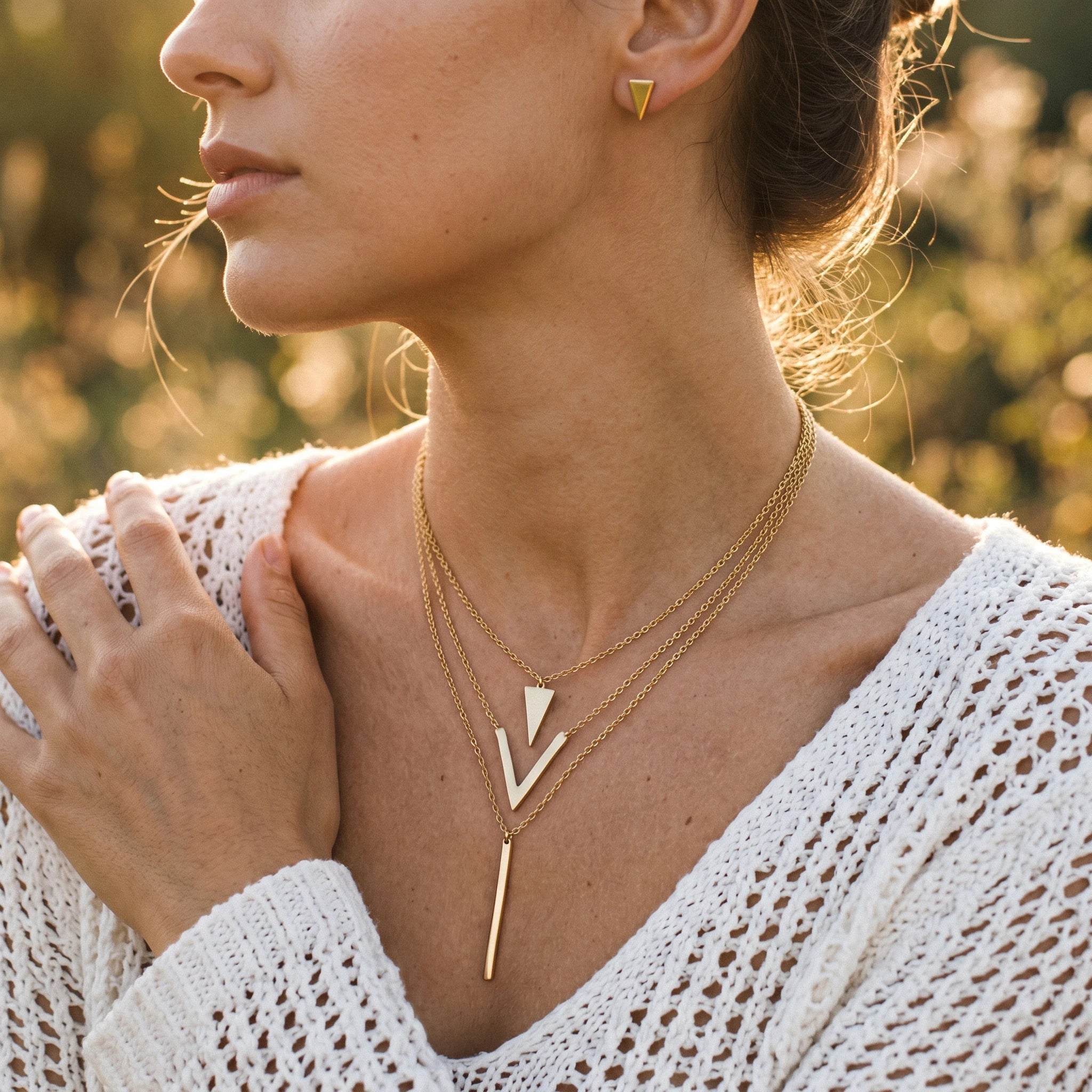 QIAOREN 11569 18K Gold Plated Stainless Steel Layered Necklace Earrings Set, Minimalist V Shape Triangle Vertical Bar Jewelry