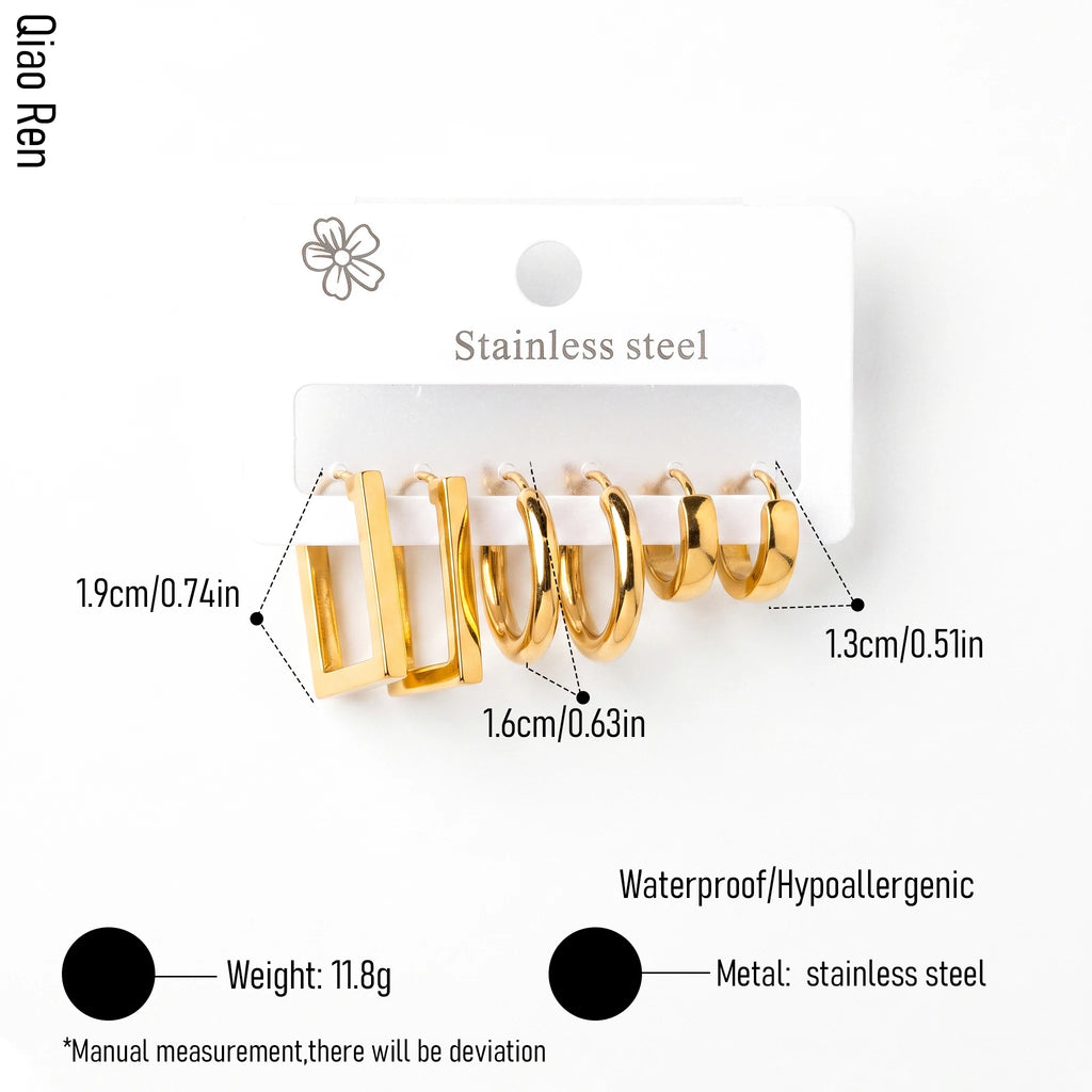 QIAOREN 14476 3 Pair Gold Stainless Steel Huggie Hoop Earrings Set, Square Frame Hoops, Thick Round Hoops & Wide Flat Hoops