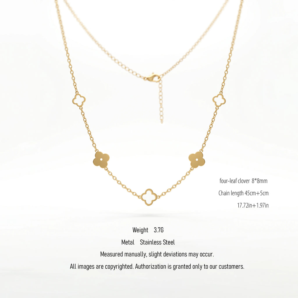 QIAOREN 10598 18K Gold Plated Mixed Solid & Hollow Clover Station Necklace Stainless Steel Tarnish Free