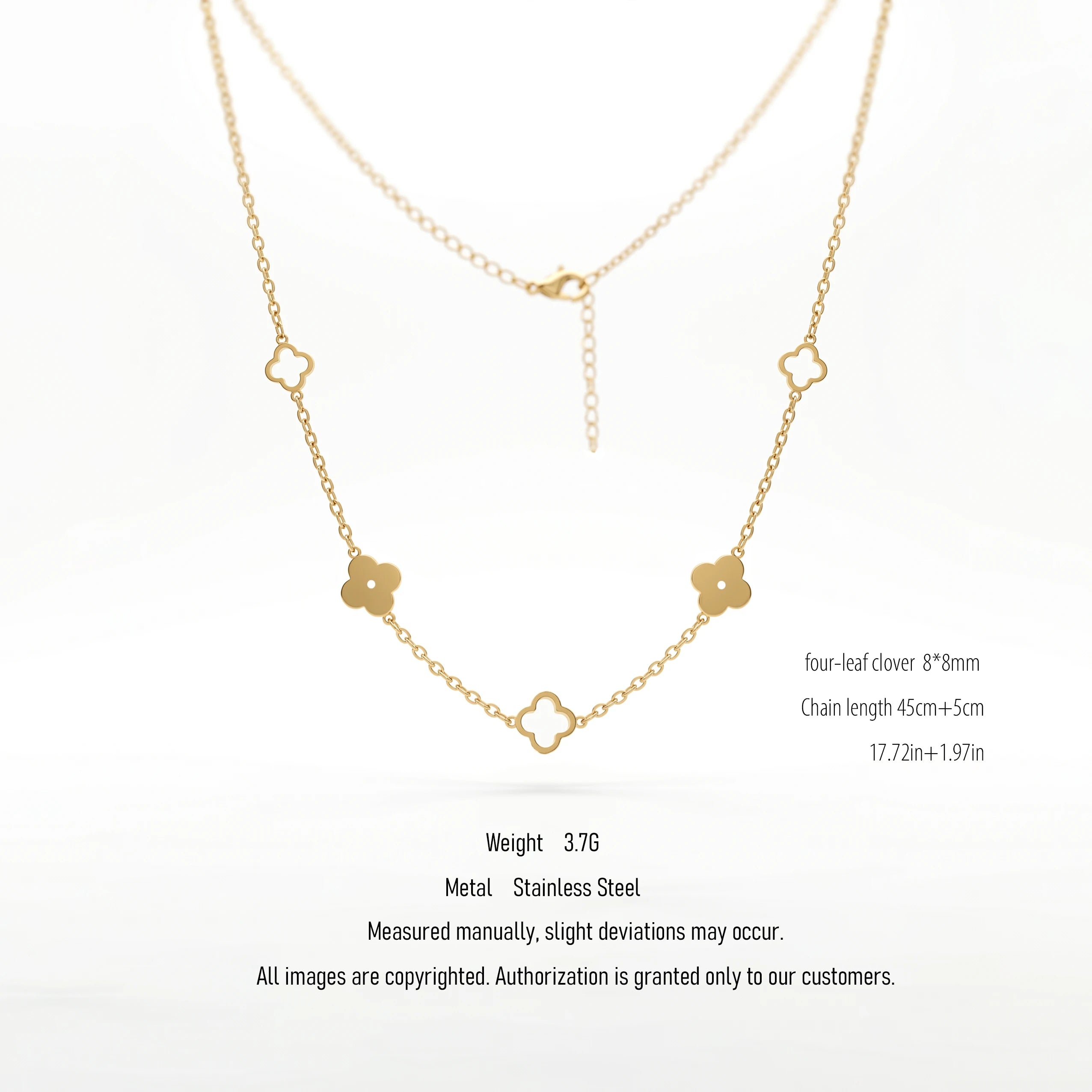QIAOREN 10598 18K Gold Plated Mixed Solid & Hollow Clover Station Necklace Stainless Steel Tarnish Free