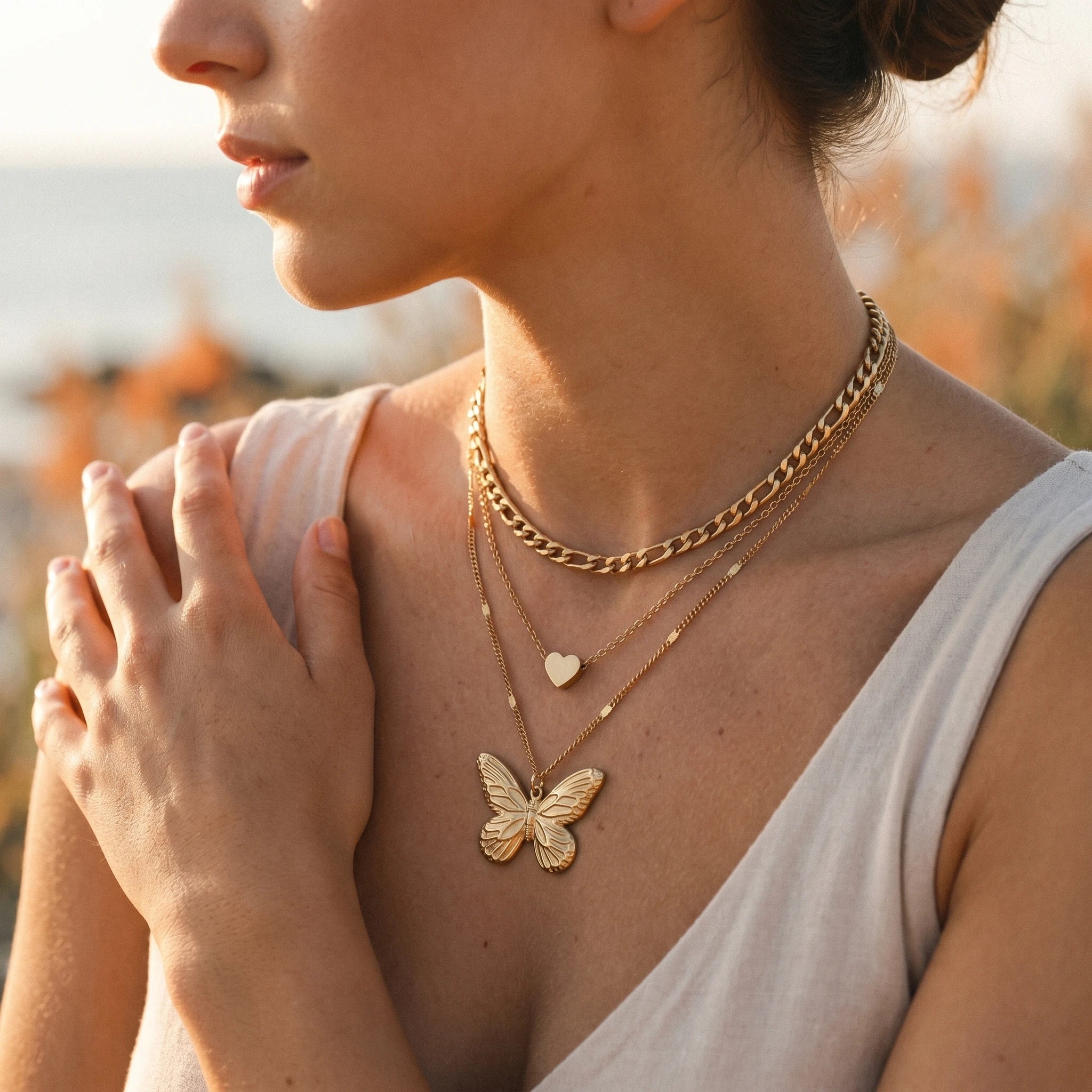 QIAOREN 11325 Dainty Chunky Figaro Chain Layered Necklace With Butterfly & Heart Charms 18K Gold Plated Stainless Steel