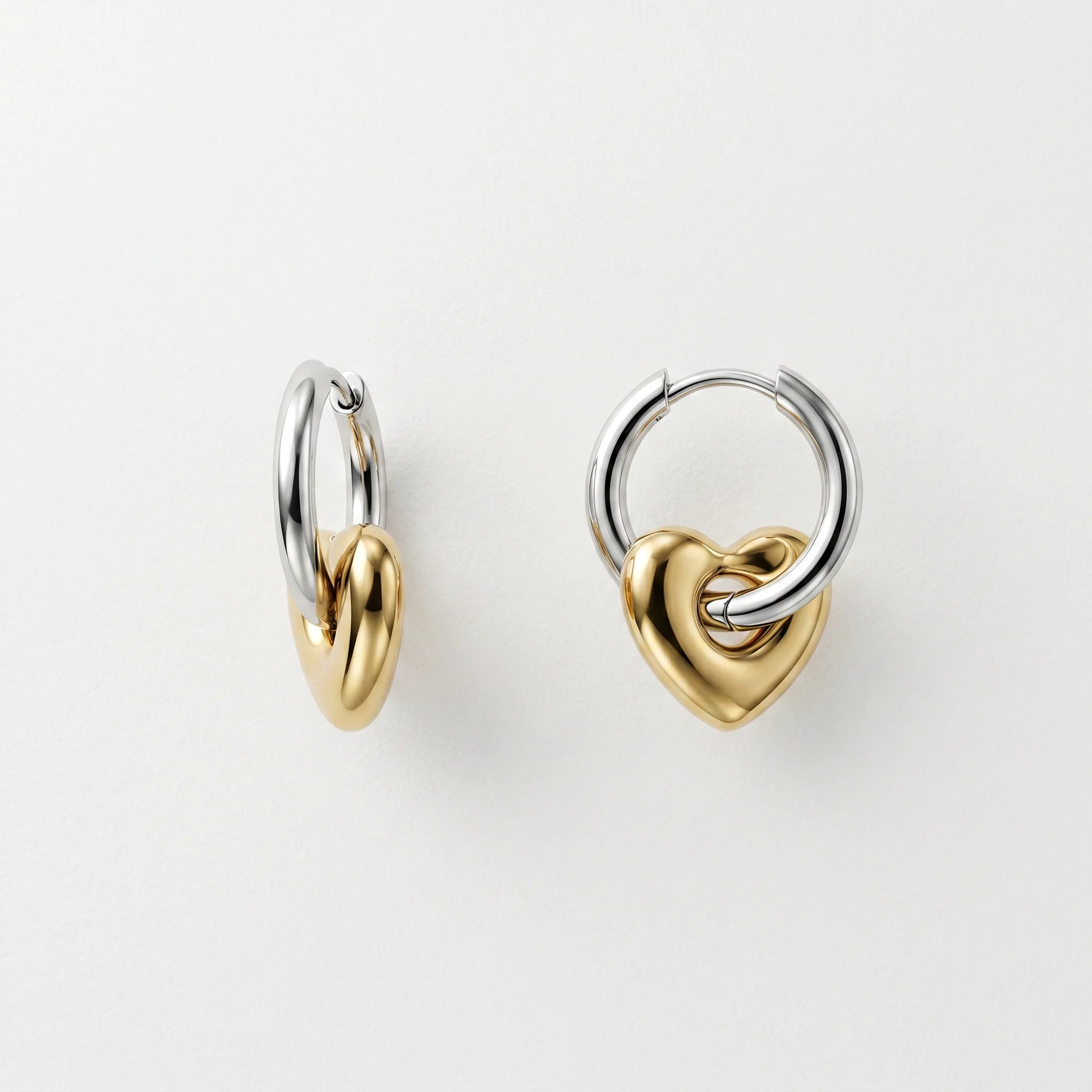 QIAOREN 11204 Two Tone Heart Hoop Earrings Stainless Steel Gold Silver Linked Hoop Earrings Trendy Minimalist Jewelry Women